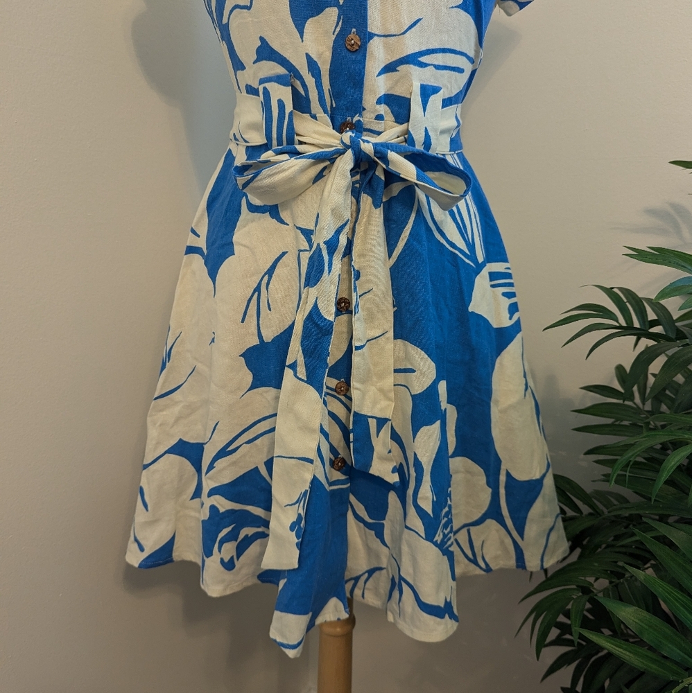 OneTheLand Tropical Floral Print Linen Button Up Mini Dress Blue White Medium - Picture 4 of 12